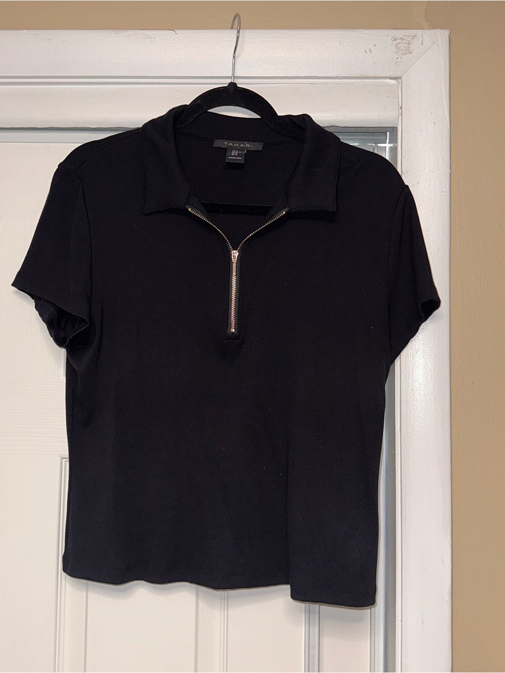Tahari Black Short-Sleeve Zip Polo Top